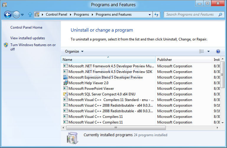 Windows 7 and Windows 8 Programs and Features Screen