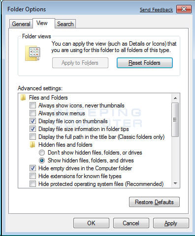 Figure 3. Folder Options screen 