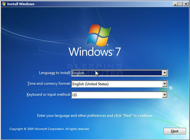Figure 2. Configure language and location options in Windows 7 Setup