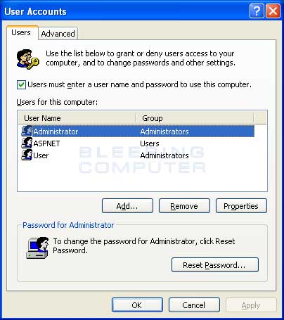 Windows XP User Accounts Control Panel