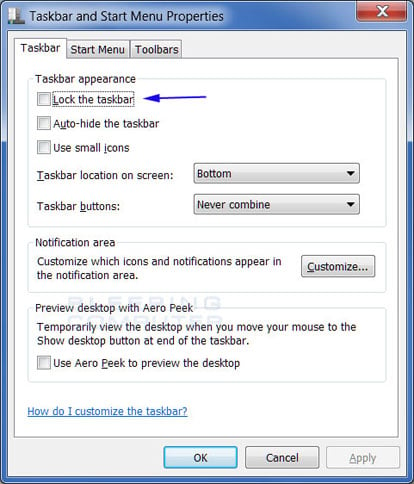Windows 7 Taskbar properties screen