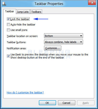 Windows 8 Taskbar properties screen