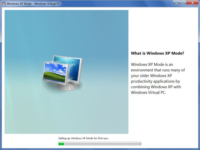 Windows XP Mode being setup for its first use