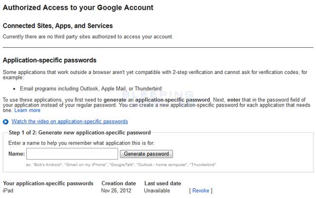 Application-specific passwords screen