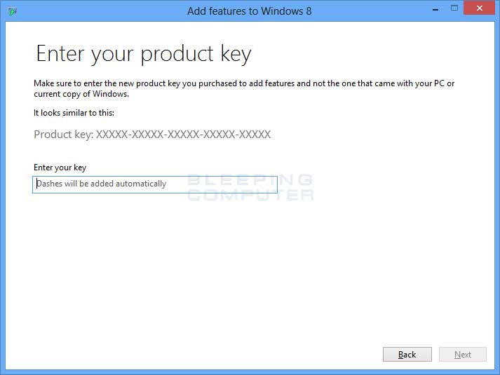 Enter product key screen
