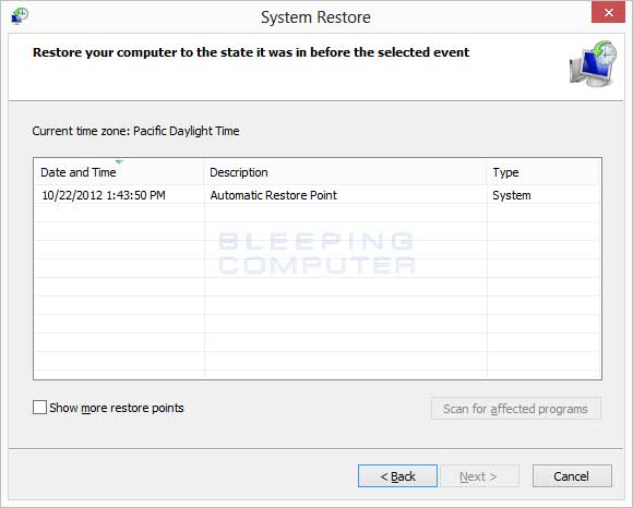 Available system restore points