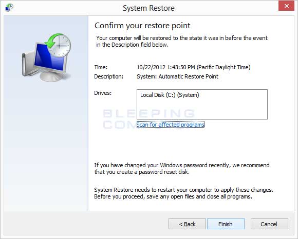 System restore confirmation