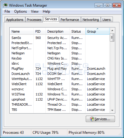 Services tab of the Windows Task Manager