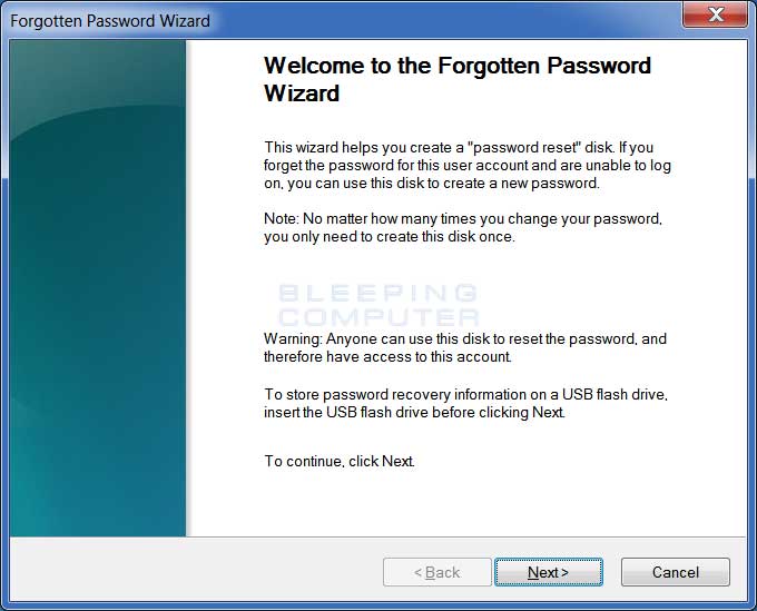 Forgotten Password Wizard start screen