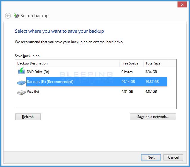 Select backup location