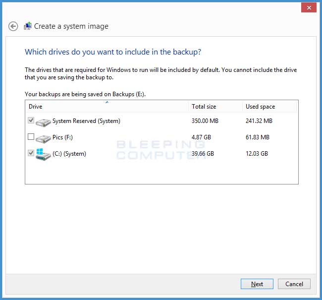 Select the drives to backup