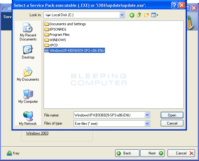 Select service pack file