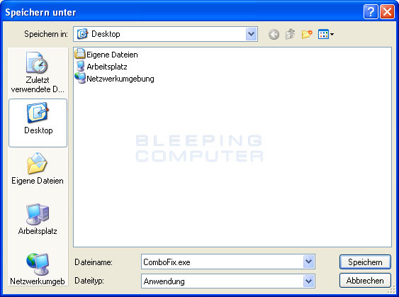 ComboFix auf dem Desktop abspeichern