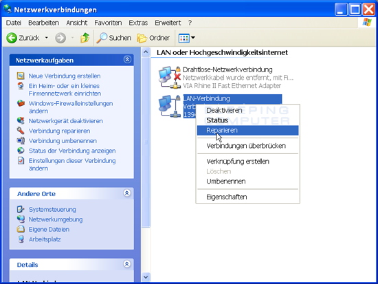 Reparieren der Internetverbindung