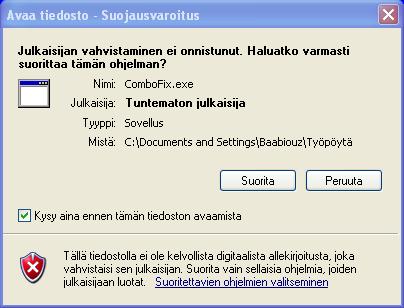 Windowsin Avaa tiedosto - Suojausvaroitus