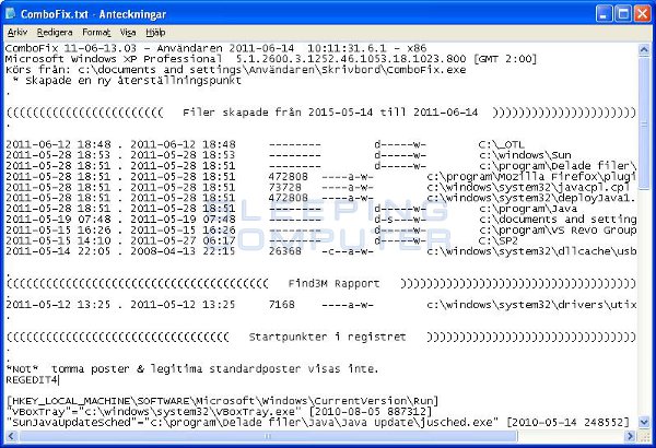 Fönstret 'log.txt - Anteckningar' som visar ComboFix loggfil