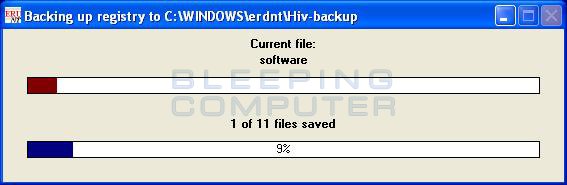 Meddelandrutan 'Backing up registry to C:\WINDOWS\erndt\Hiv-backup'