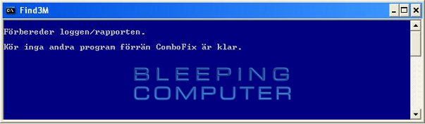 Konsolfönstret 'Find3M' - ComboFix förbereder loggen/rapporten