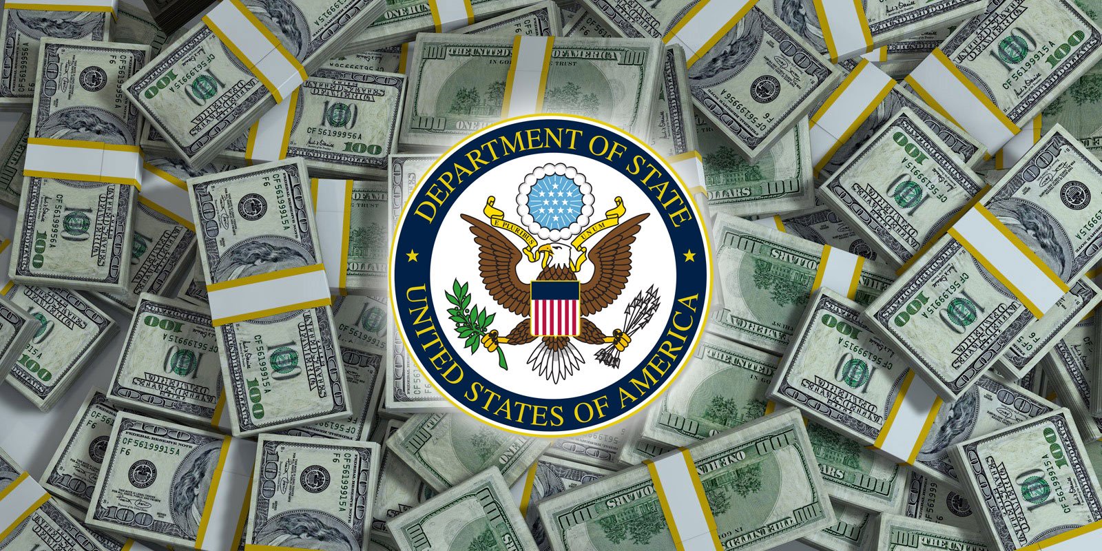 Geldhaufen mit Logo des Außenministeriums