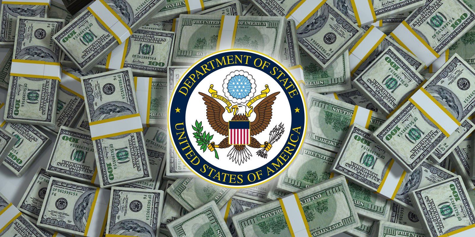 Piles of money with the State Department logo