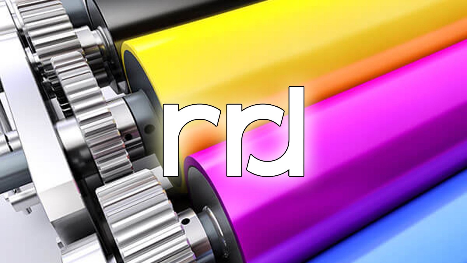 RRD logo overlaid on a color printing press