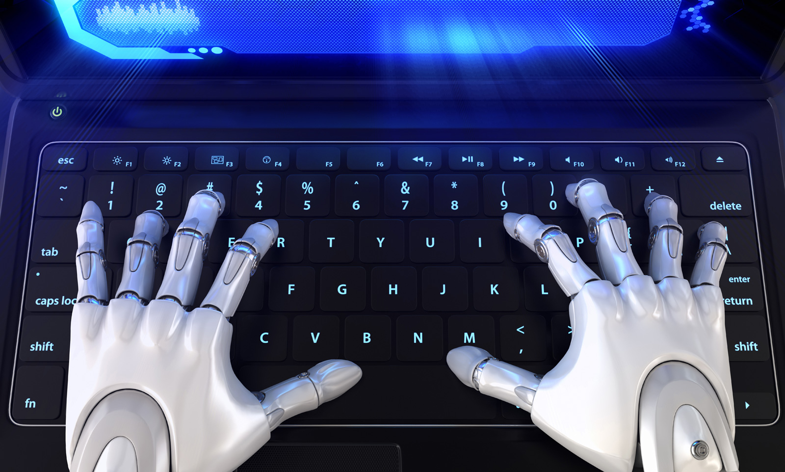 Robot typing on a laptop