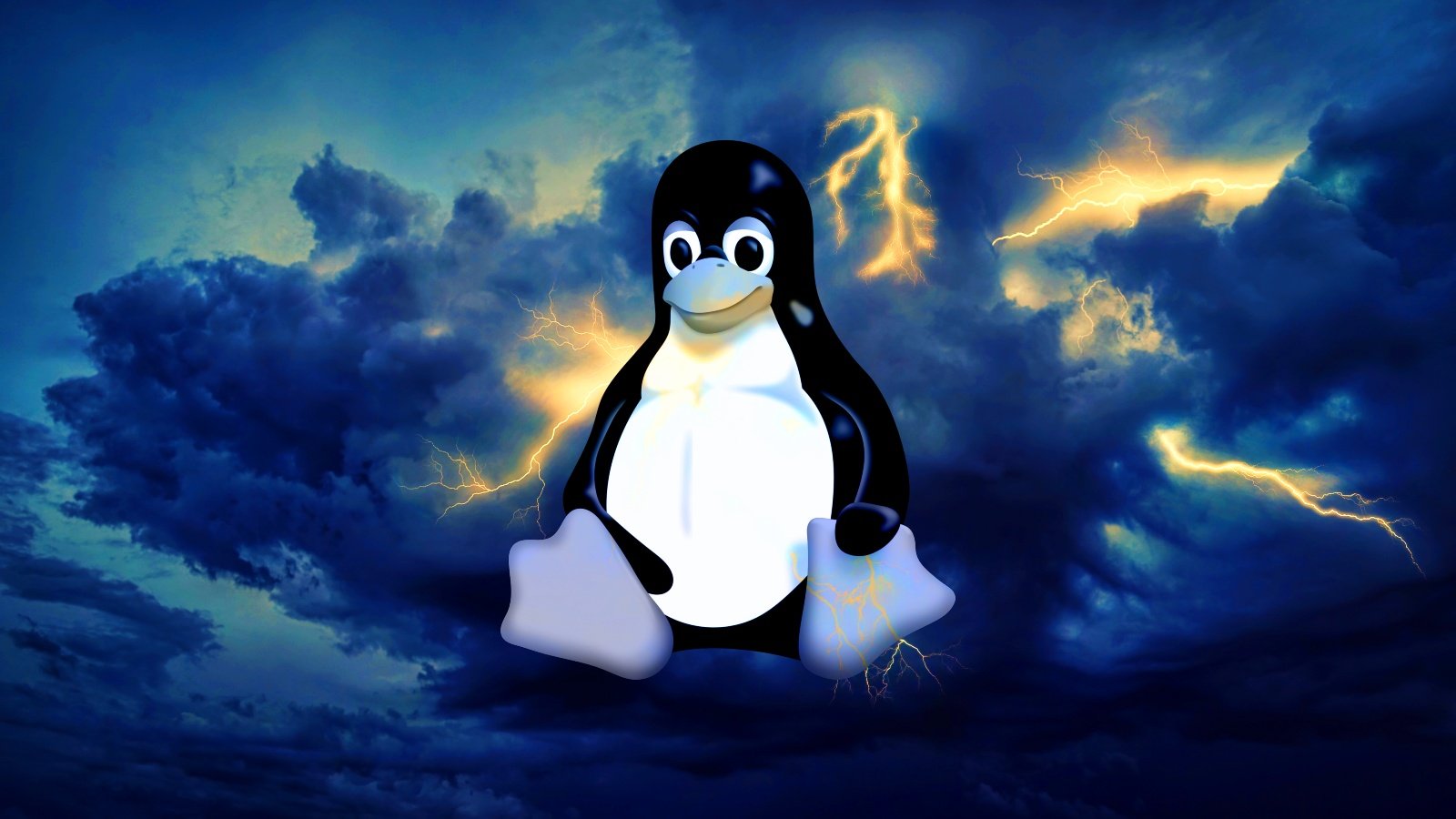 Linux Tux logo with lightning in the background