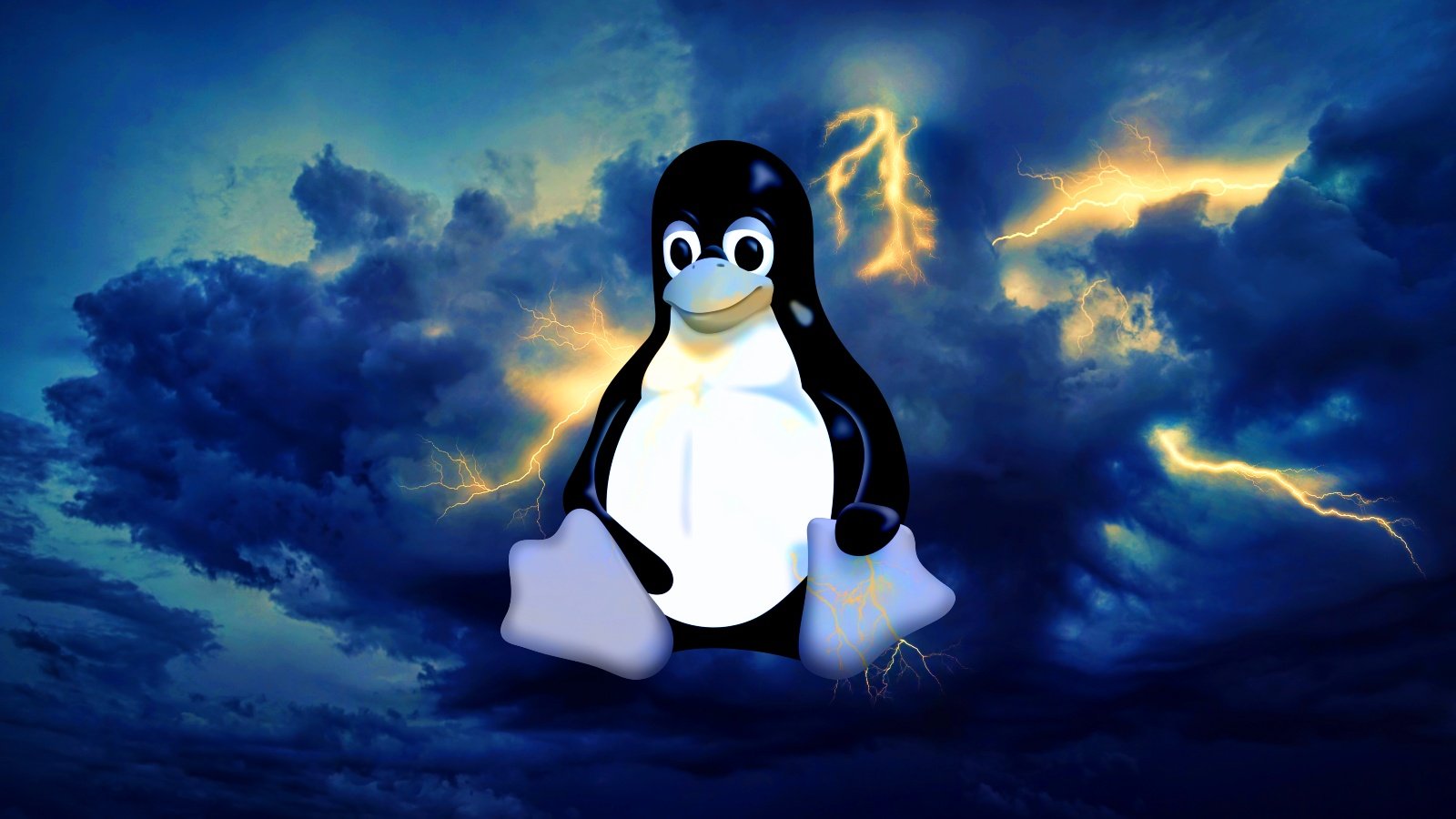 Linux Tux logo with a lightning bolt in the background