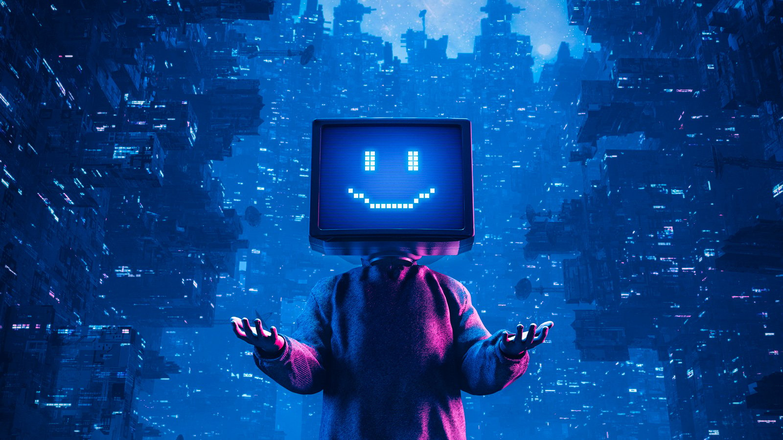 Man with a cyber smiley as a face