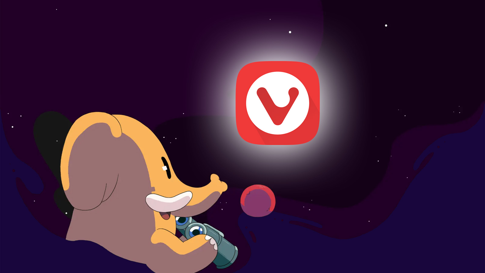 Juggernaut gazing up at the sky in front of a Vivaldi logo