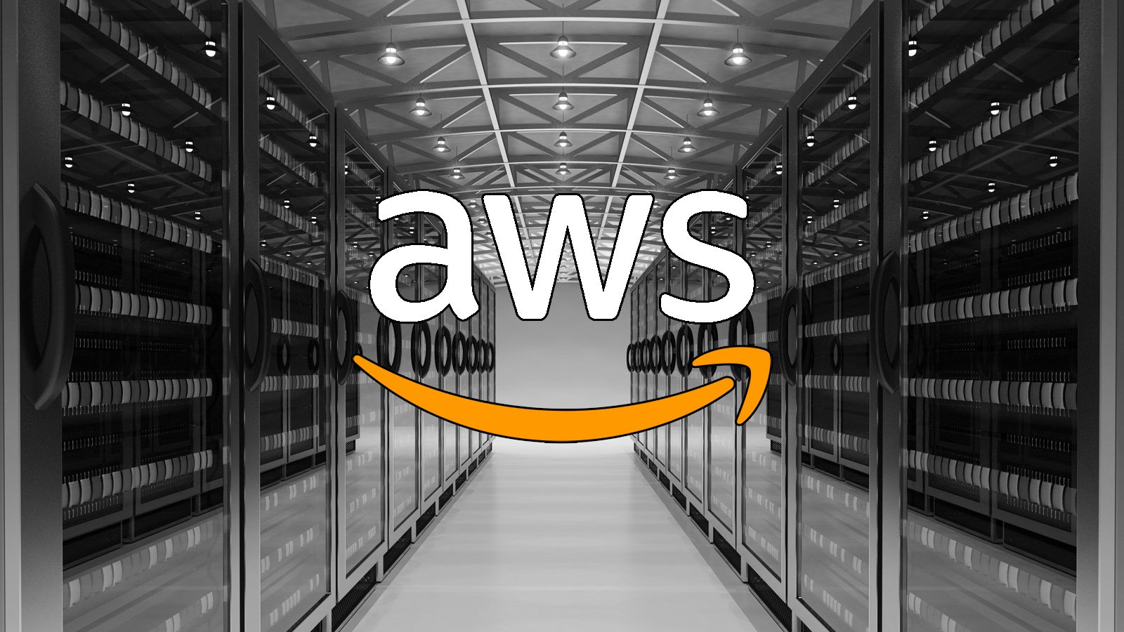 Amazon AWS logo over a data center