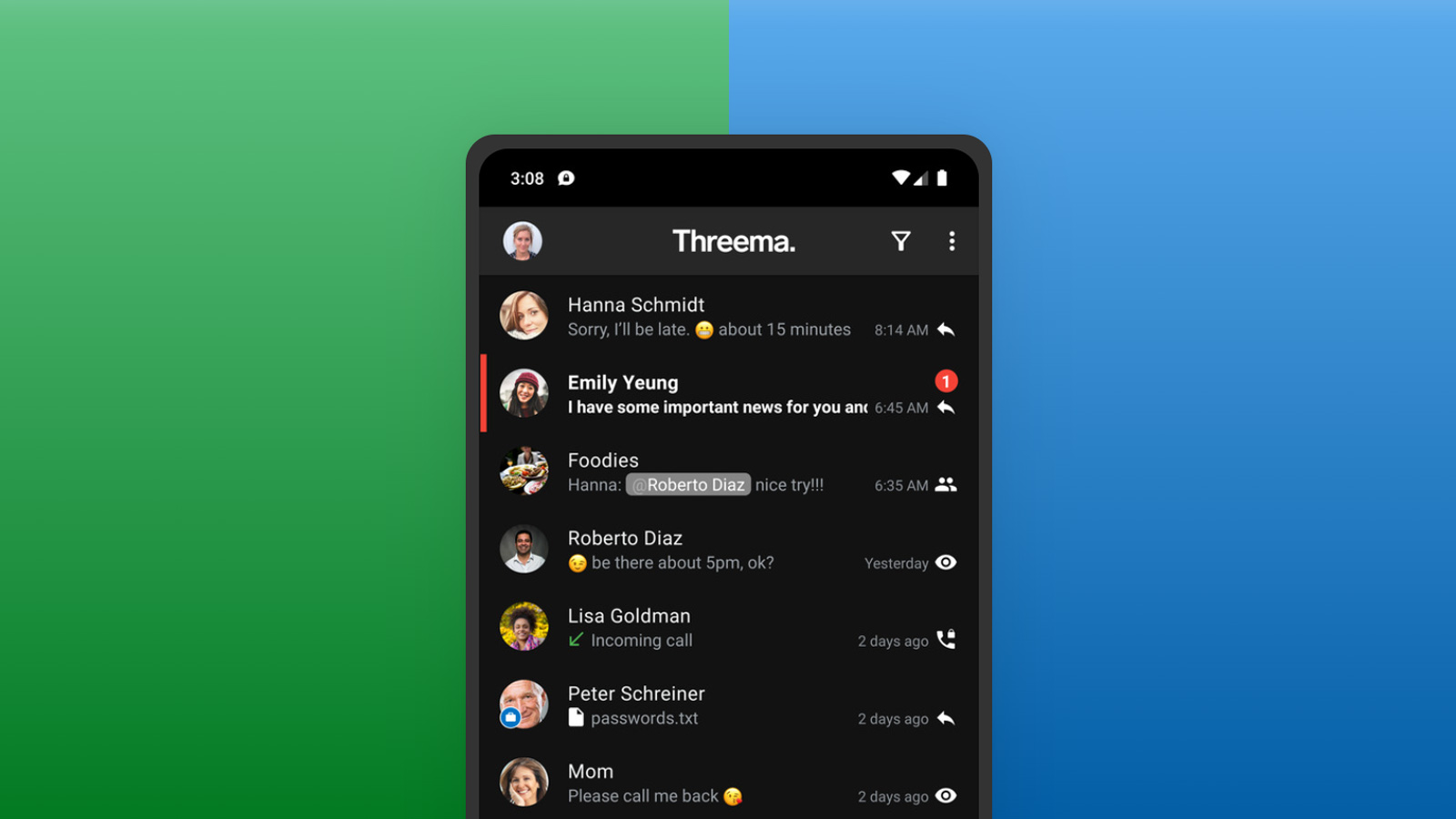 Threema app on blue and green background