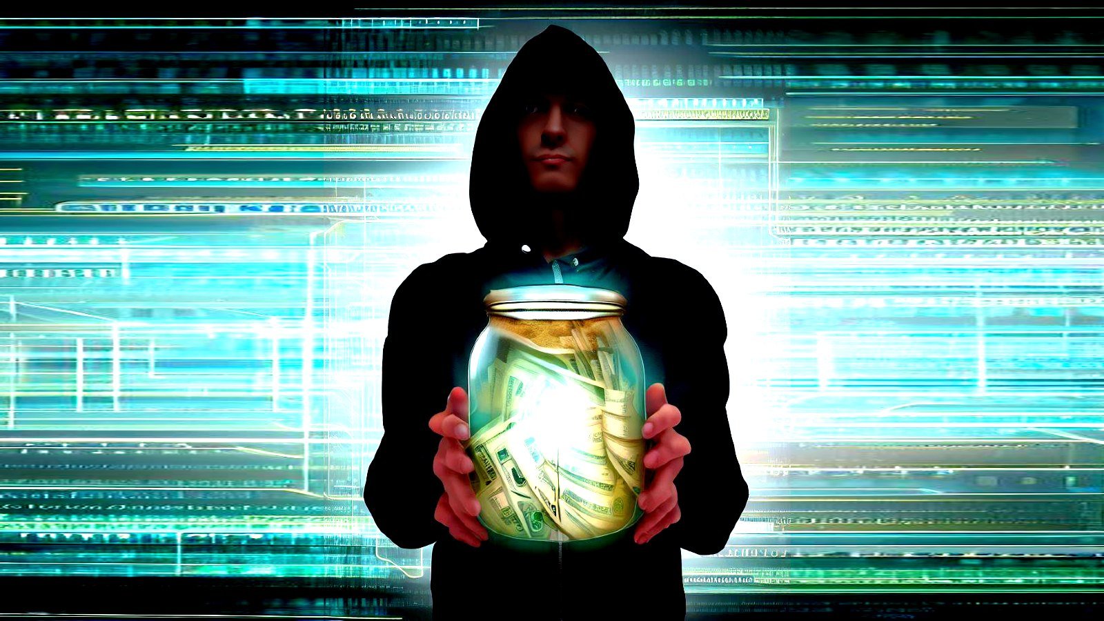 Hacker holding up a donation jar