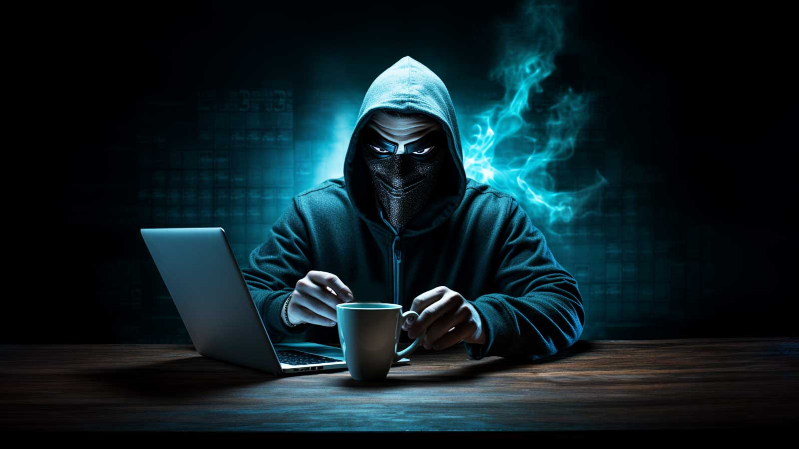 Hacker drinking a cup of coffee