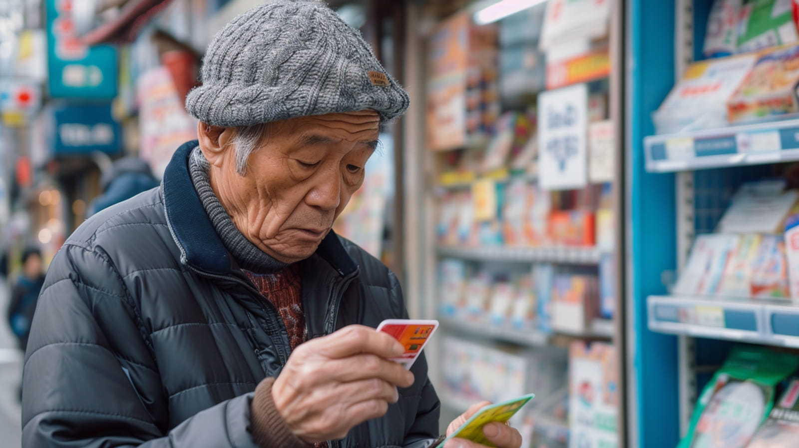 Older man looking at prepaid cards