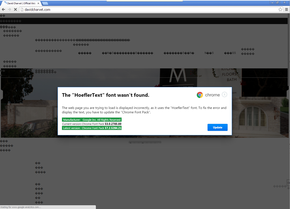 Popup in Google Chrome, telling users to download a suspicious font update package