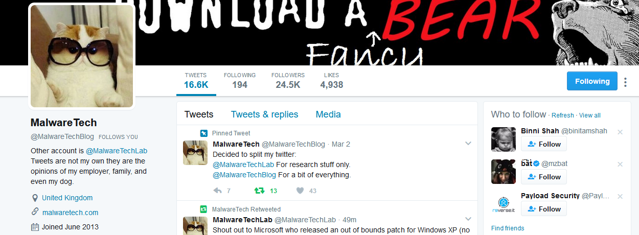 MalwareTech Twitter feed