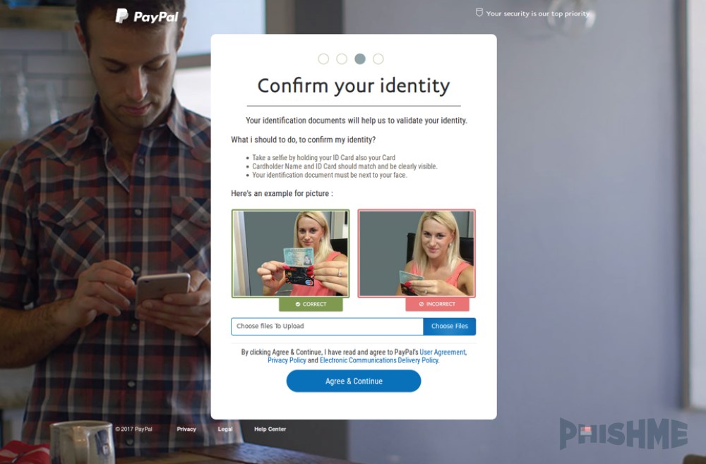 Page de phishing PayPal demandant un selfie