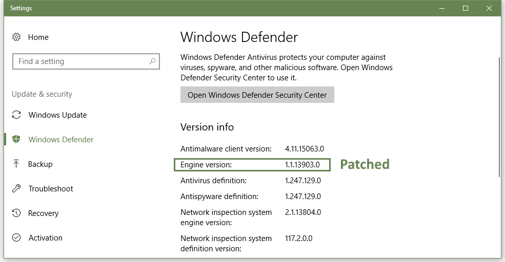 Windows Defender update