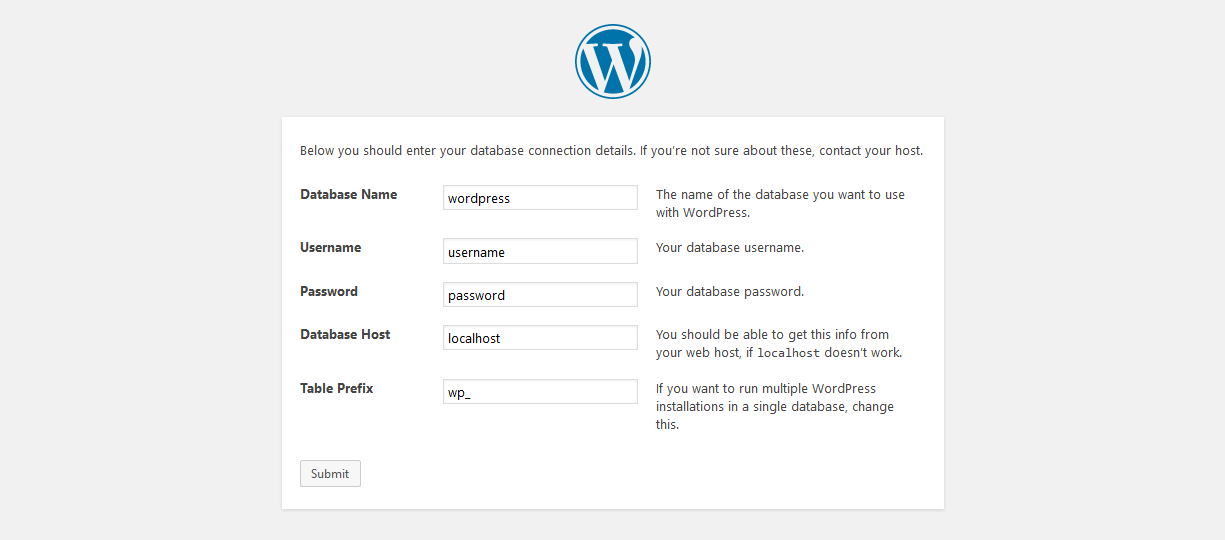 WordPress installation panel