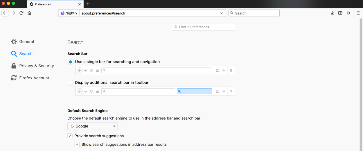 Firefox's new search settings
