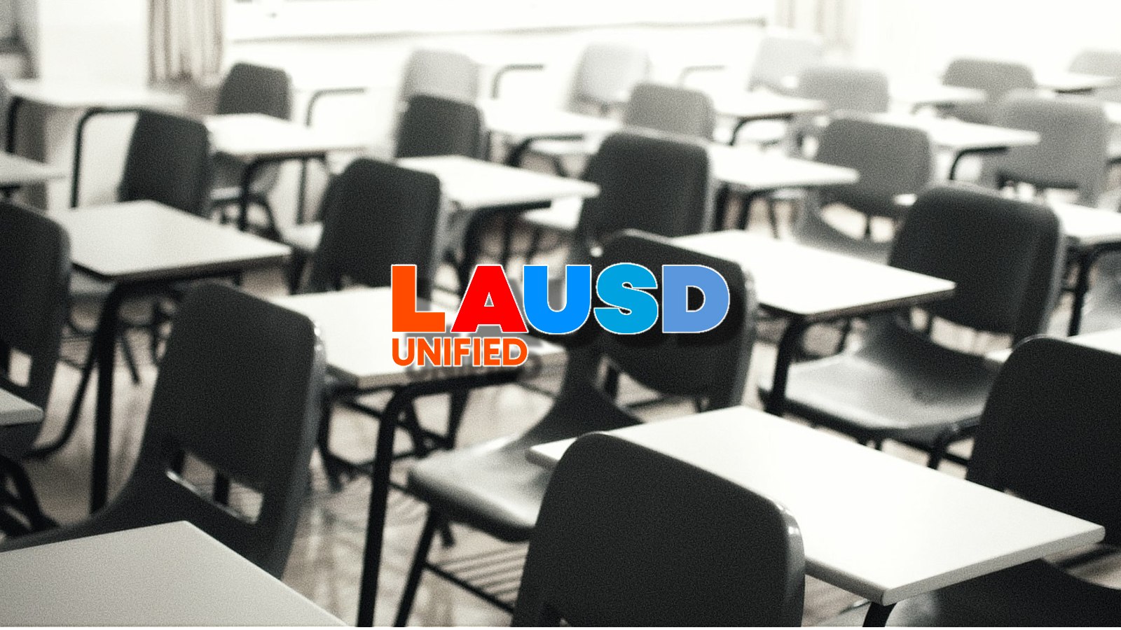 LAUSD logo over an empty classroom