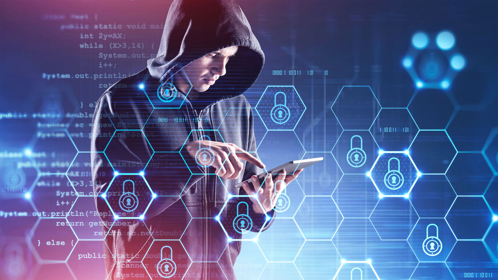 trope photo of a 'hacker' in a dark hoodie with odd lighting/shadows holding a large touchscreen phone or tablet with one hand and about to tap with another, with a glowing blue hexagonal grid outline foreground with bits of code on the left, and lock icons in some of the hexagons