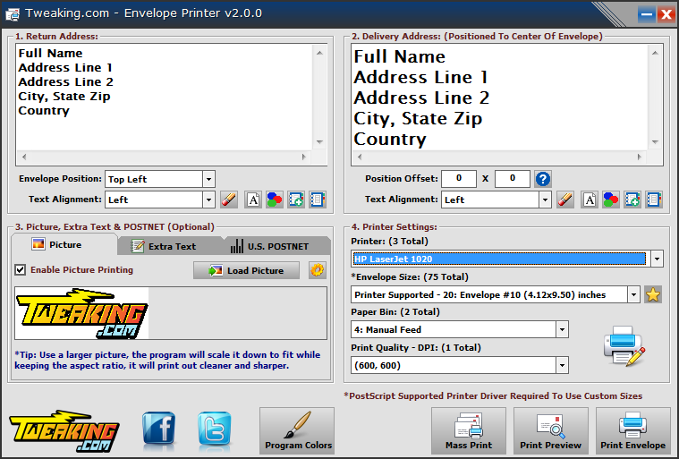 printing envelopes in windows vista