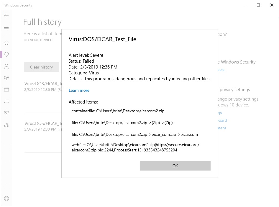 Windows Defender AV alert status failed for TrojanWin32/Ludicrouz.V