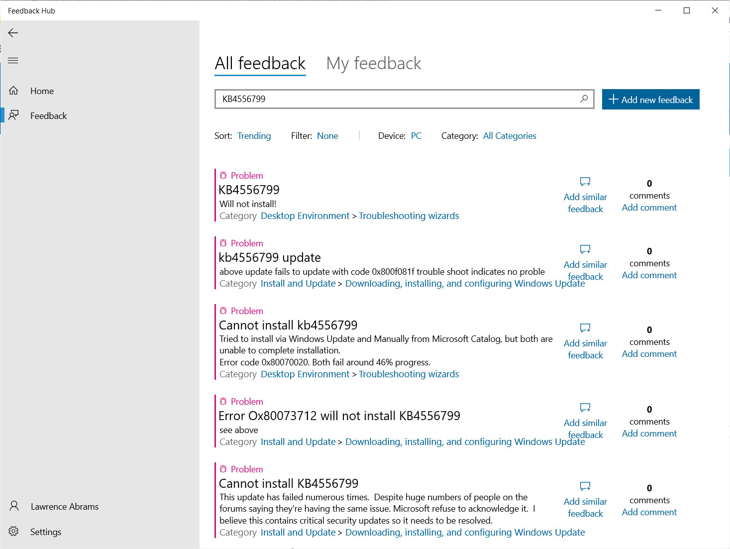 Small portion of Feedback Hub reports about KB4556799