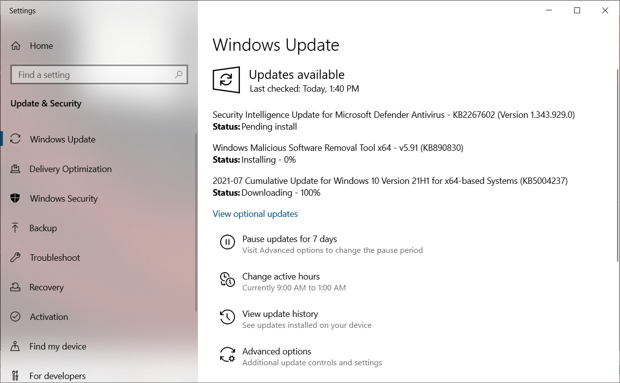 Installing KB5004237 cumulative update via Windows Update
