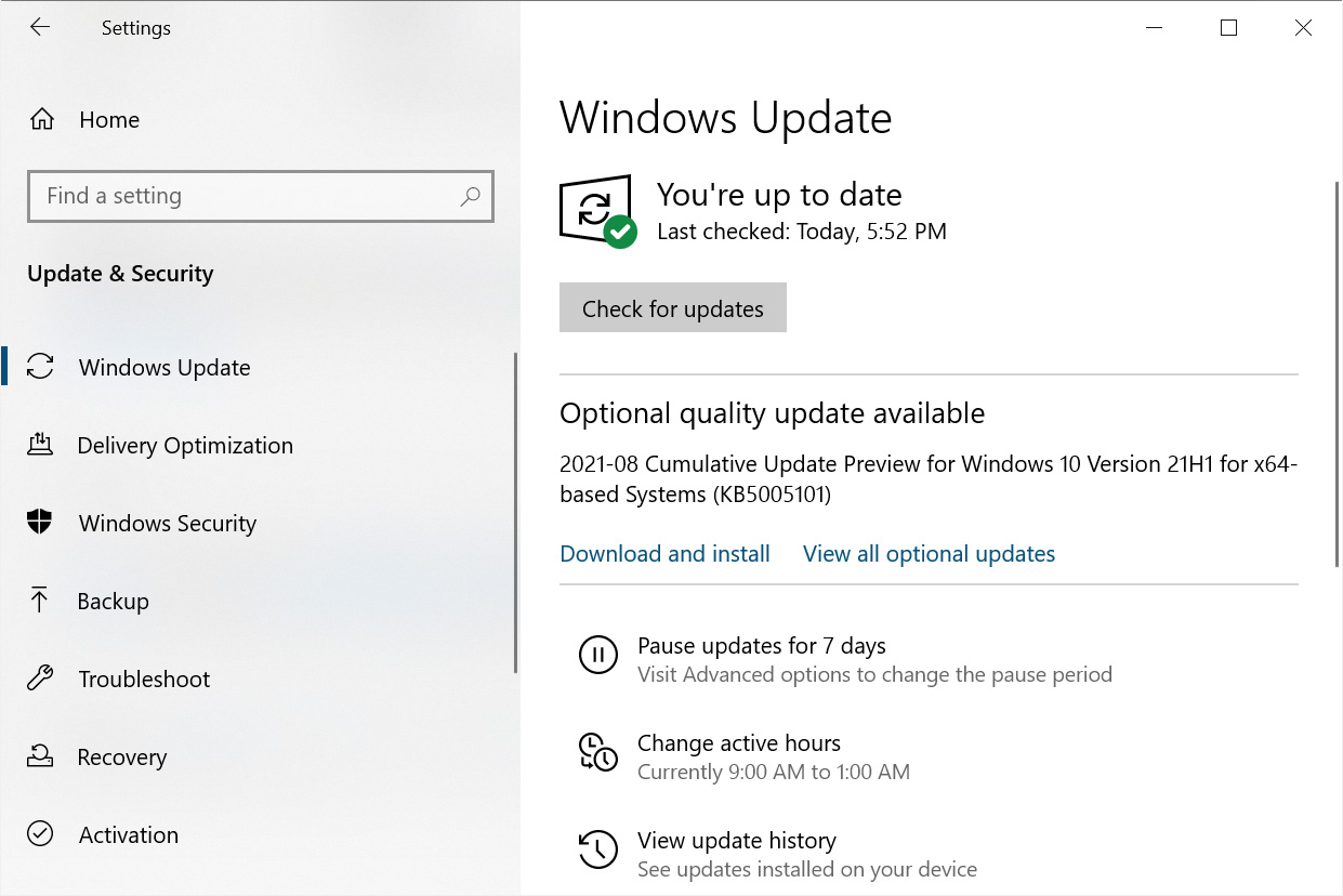 KB5005101 update offered in Windows Update