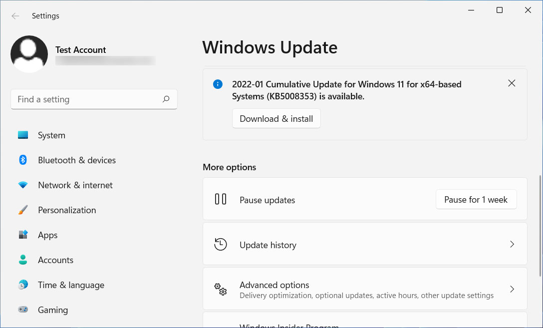 Windows Update offering the KB5008353 update