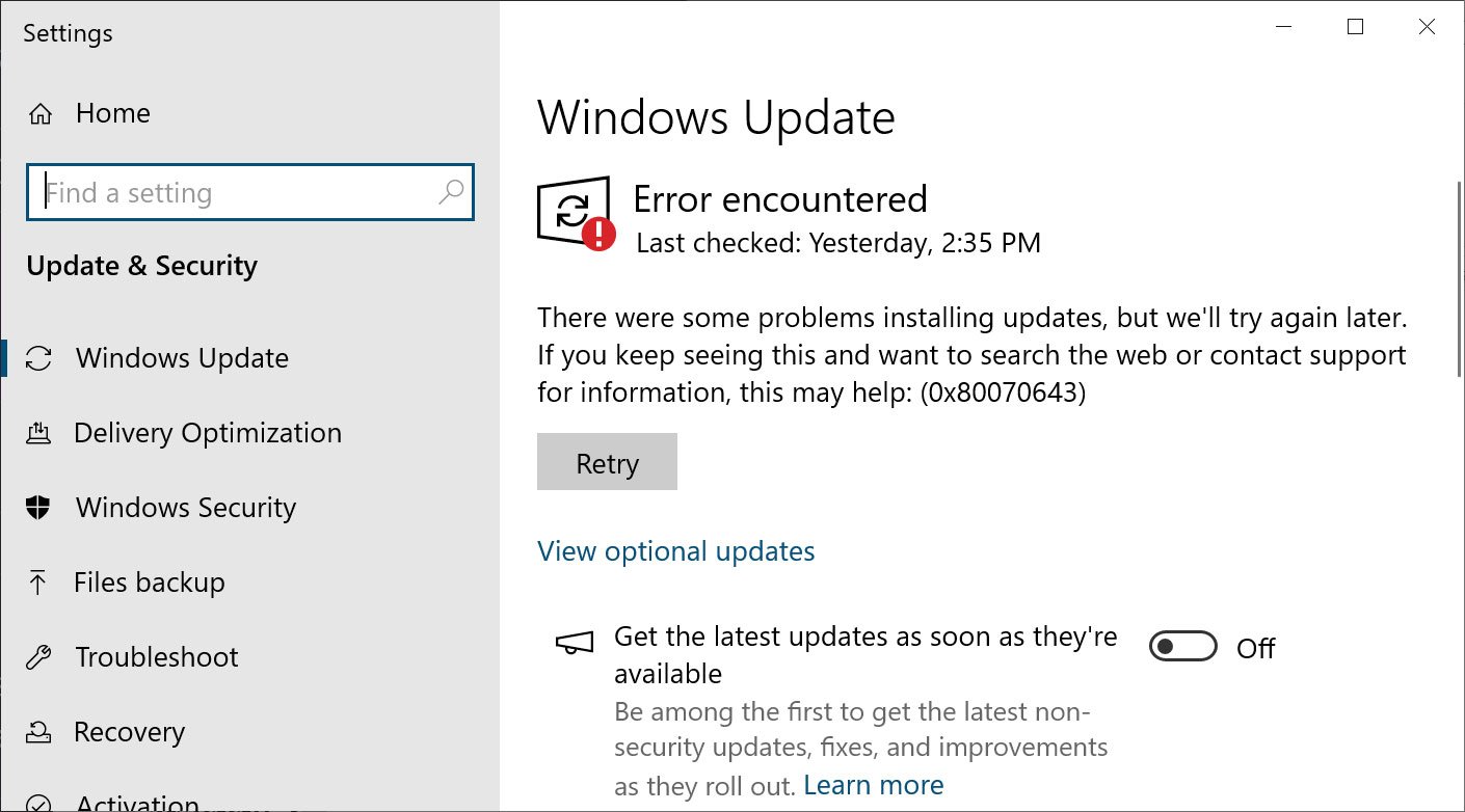 Windows Update 0x80070643 error message